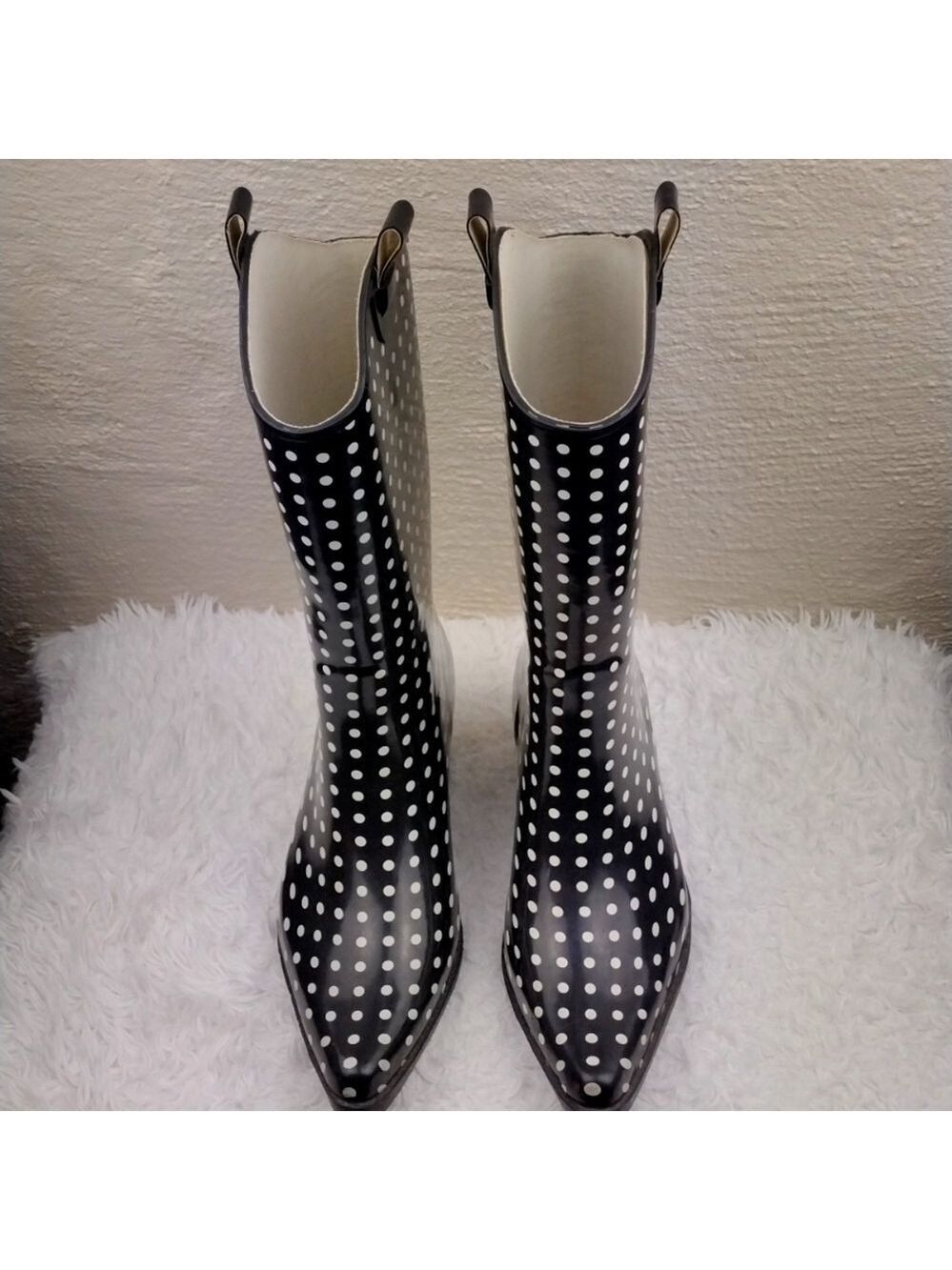Bit & Bridle Black White Polka Dot Pointed Toe Heeled Western Style Rain Boot - Picture 3 of 16
